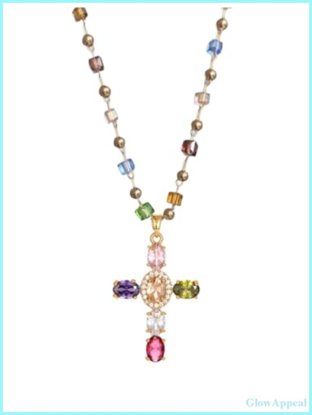Colorful Zircon Cross Pendant Necklace for Women Retro Elegant Chain